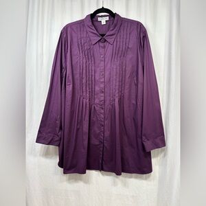 Coldwater Creek Top Size 3X Button Down Blouse Tunic Purple Pintuck Long Sleeve